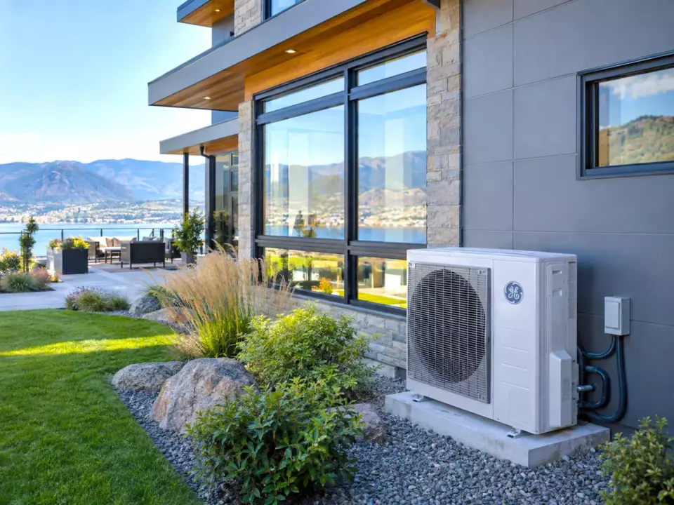 GE heat pump installed outside a Kamloops home